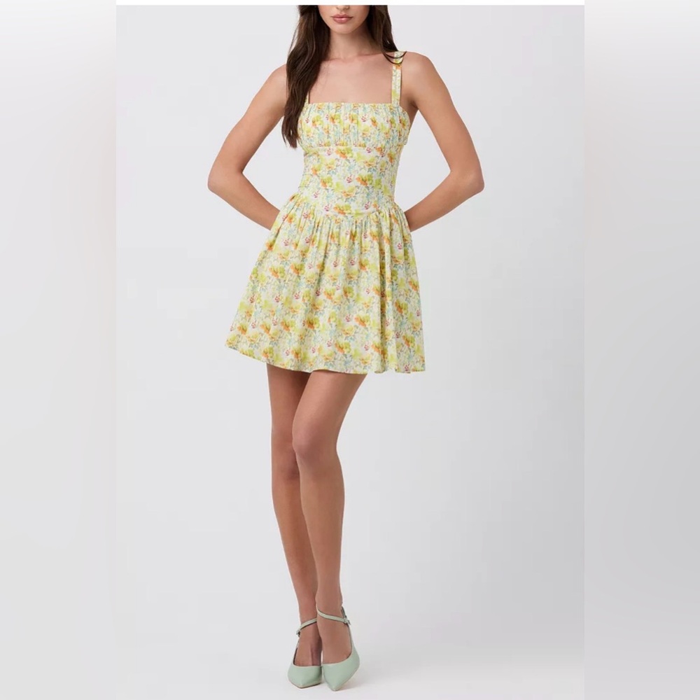 ASTR the Label Yellow Floral Mini Dress M Cottagecore Coquette Sundress Ruched